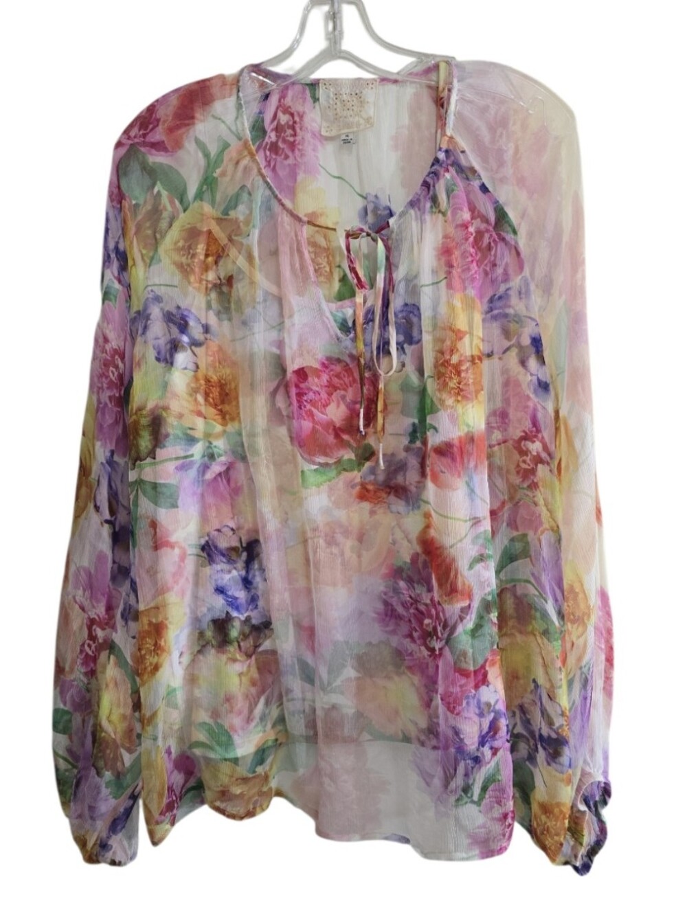 Johnny Was Jade Glinda Silk Peasant Blouse XL Watercolor Floral Sheer With Liner - Picture 3 of 9